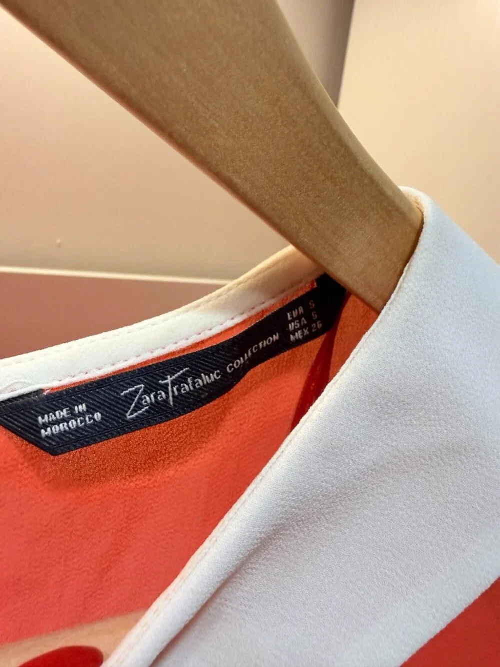 ZARA Sheer Chiffon Blouse with White Peter Pan Collar - Coral Red/Orange - S